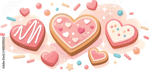 Floating Heart Cookies. Abstract sweet romance scene built from floating heart cookies, decorative sprinkles, and glowing