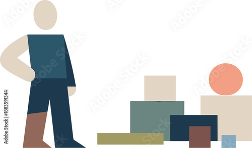 Image Generation. Abstract geometric human figure stands beside scattered abstract blocks suggesting thinking organized by