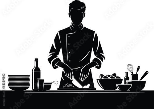 Silhouette of a chef preparing food in a kitchen scene