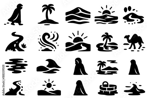 Mirage Oasis Icons. Solid style icons of Mirage oasis traveler: desert wanderer, distant palm, shifting dunes, heat shimmer, lost
