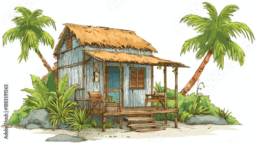 Serene Tropical Cabin Oasis in Cartoon Style Vector Illustration