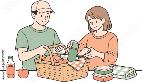 Gentle Picnic Preparation. Parents calmly preparing a picnic basket, one holding the basket while the other adds items with gentle