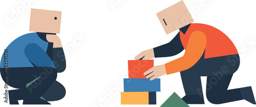 Image Generation. Second abstract geometric human figure appears arranging one elemental block while first observes, showing early