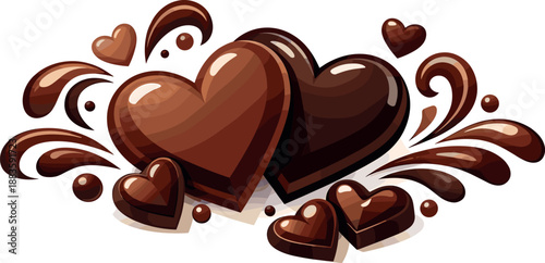 Chocolate Hearts Romance. Abstract chocolate romance scene built from heart-shaped pieces, glossy highlights, and flowing