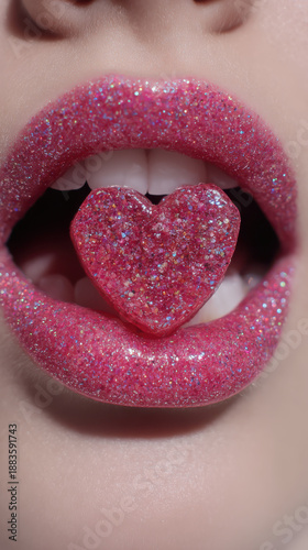 Pink glitter lips holding heart shaped candy for valentine romance sensual beauty close up