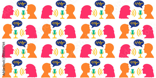 silhouettes talking in microphone podcast seamless pattern man and woman flat vector illustration for radio podcasting web design