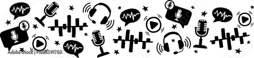 podcast microphone border with headphones and audio wave icons hand drawn black silhouette elements for radio banner design
