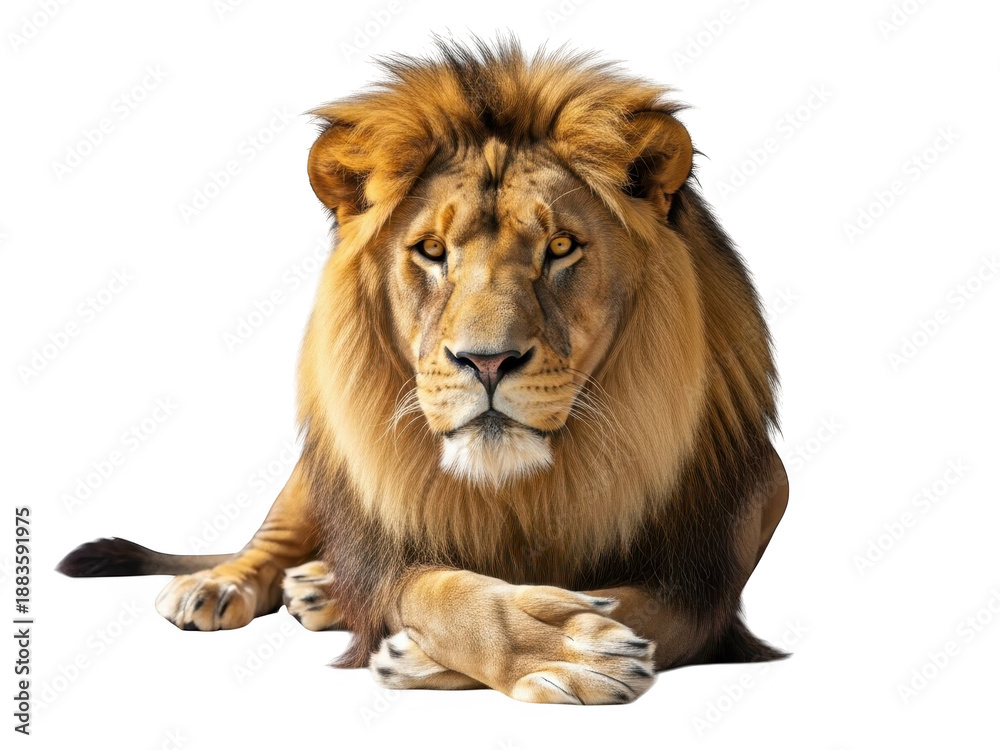 Fototapeta premium A majestic lion with a shaggy mane lying down isolated on transparent background