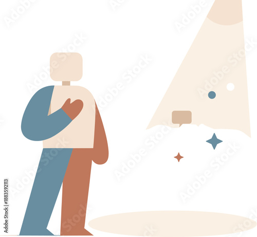 Image Generation. Calm abstract geometric figure stands beside single softened spotlight reframing online presence anxiety into