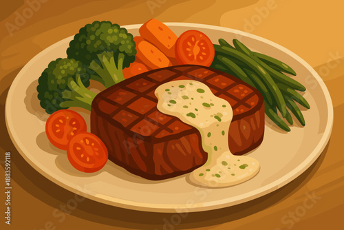 Gourmet Steak Delight. Tender vector illustration steak drizzled with creamy herb sauce, served with a side of vegetables, warm