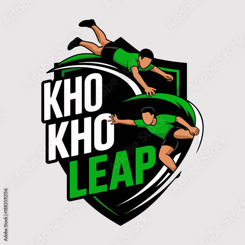 Kho Kho Leap sports shield with athletes diving in chase, dynamic Indian game emblem vector for clubs, schools, leagues, jerseys and event branding