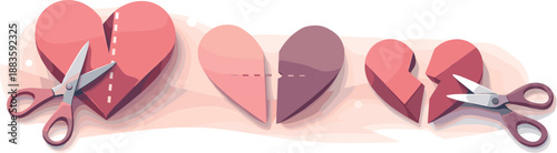 Scissors Hearts Illustration. Abstract heart shapes suggesting a cutting process through sharp edges and spacing, modern flat