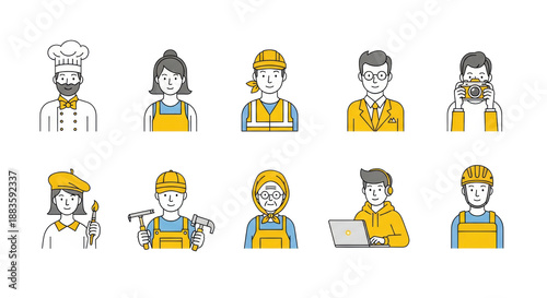 A grid of ten minimalist line-art character icons, head-and-shoulders, with vibrant yellow accents, on a transparent background. Features diverse professionals: chef, carpenter, programmer, farmer,