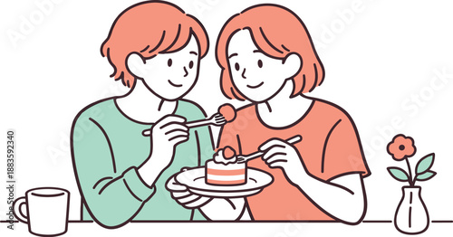 Sweet Dessert Sharing. Partners enjoying a sweet moment together, gently sharing dessert on a plate while seated comfortably,