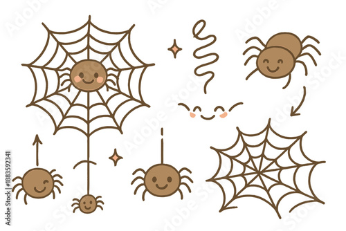 Cheerful Silk Spiders. Cute doodle variation in silk types with cheerful spiders, cartoon webs of different shapes, smiling