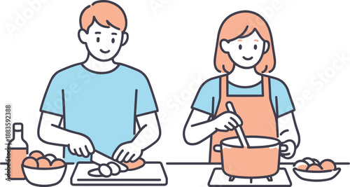 Couple Cooking Together. A couple cooks together in the kitchen, calmly preparing a meal side by side, minimalist flat line vector