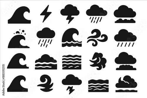 Ocean Storm Icons. Solid style icons of Ocean Storm: crashing wave, lightning bolt, thundercloud, dark sky, sea spray, heavy rain,