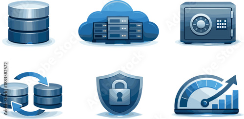 Secure Storage Infrastructure. Scalable storage infrastructure scene illustrating secure data retention, six symbolic objects