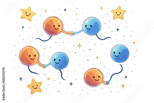 Entangled Particles and Stars. Quantum entanglement scene with pairs of glowing particles holding hands across space, smiling