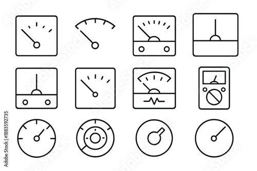 Analog Meter Icons. Line style icons of analog meter: needle, scale, galvanometer, measurement; voltmeter, ammeter, ohmmeter,