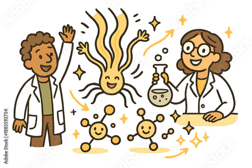 Cheerful Synthetic Lab. Playful doodle synthetic silk lab with cheerful researchers, cartoon spider-inspired fibers waving,