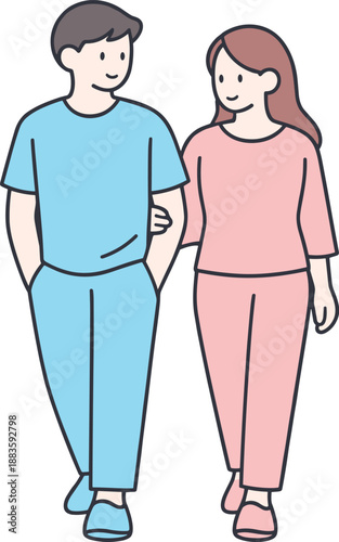 Serene Silent Stroll. Couple walks slowly together without speaking sharing comfortable silence Minimalist flat line vector