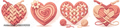 Crochet Love Hearts. Abstract crochet-inspired hearts expressing romance through woven loops and soft depth, modern flat vector