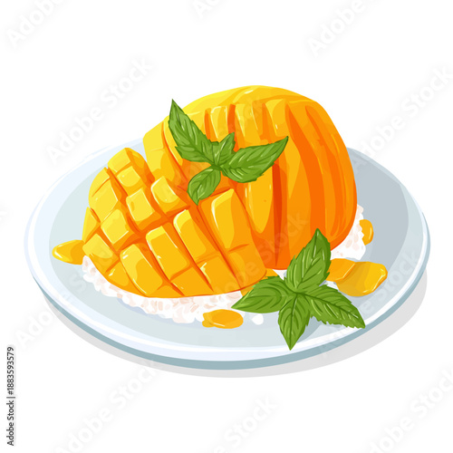 Flat-design 2D vector artwork of a Mango Sticky Rice, styled as an icon and isolated against white background
