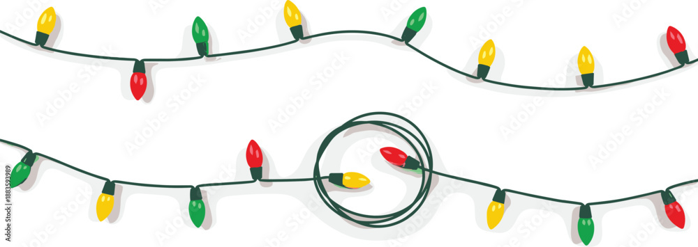 Naklejka premium Vibrant string of traditional holiday lights with a playful tangle, featuring red, yellow, and green bulbs, ready to illuminate festive celebrations and home decor on a clean white background