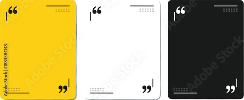 Set of three modern square quote box templates in yellow, white, and black. Minimalist design for testimonials, inspiring messages, or important text display