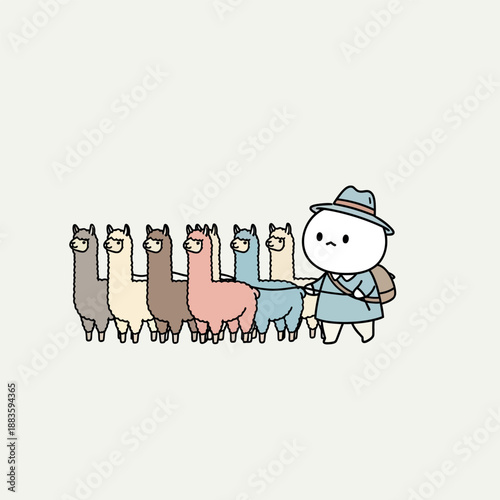 Cartoon Man Walking Llamas in Line.