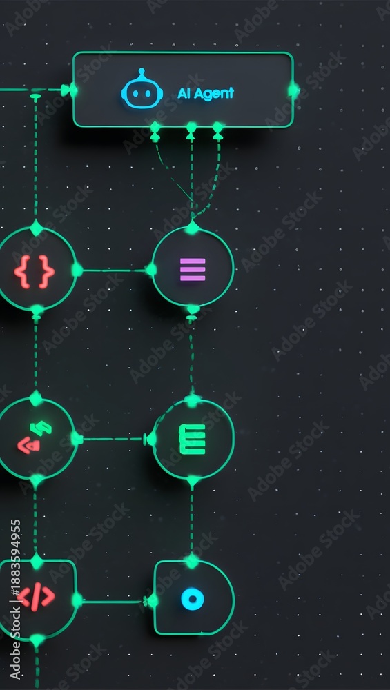 Obraz premium AI workflow automation artificial intelligence software interface nodes triggers data tool dashboard coding icon flow process technology 3d rendering.