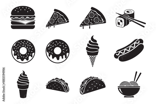 Collection of diverse food icons including burger pizza sushi and desserts