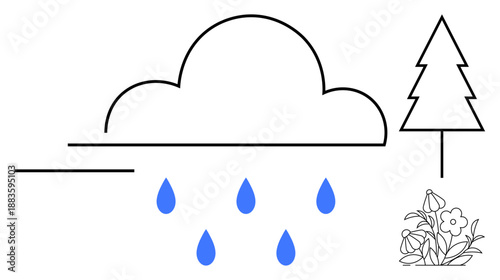Weather forecasting, ecosystem, environment education, climate change, outdoor activities, environmental awareness. Cloud with rain, tree and flowers in a simple line art style. Weather forecasting