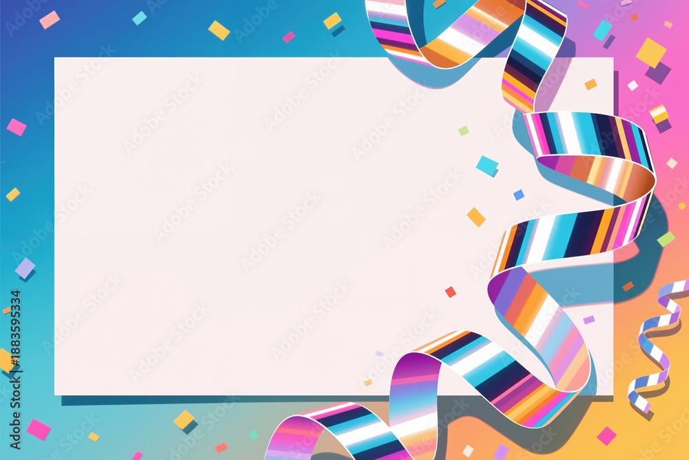 Obraz premium Vibrant illustration for a holiday celebration, featuring a white frame with colorful ribbons and confetti on a gradient background, in a playful style.