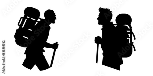 Set of two silhouette illustrations depicting elderly men with hiking backpacks on their backs and walking sticks
