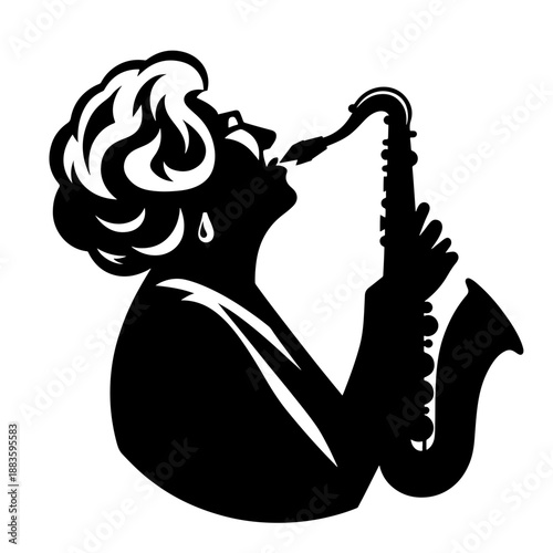 Elder woman silhouette playing saxophone one-line illustration logo style