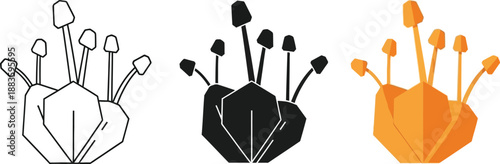 Collection of stylized flower stamen icons representing botany and nature in line art silhouette and flat design styles for biological illustration