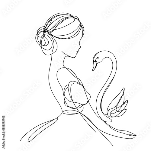 Girl or woman with swan in elegant one line fantasy illustration