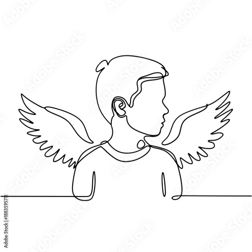 Young boy with swan/angel wings looking aside one-line illustration