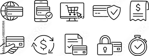 Set of black line icons representing online payment and financial operations including credit card, smartphone, online shopping cart, wallet, security shield, invoice, globe, coin stack, and alert sym
