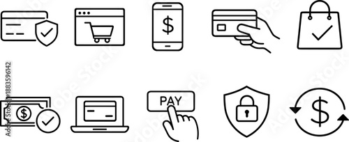 Set of black line icons representing online payment and financial operations including credit card, smartphone, online shopping cart, wallet, security shield, invoice, globe, coin stack, and alert sym