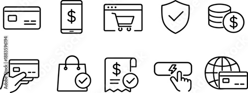 Set of black line icons representing online payment and financial operations including credit card, smartphone, online shopping cart, wallet, security shield, invoice, globe, coin stack, and alert sym