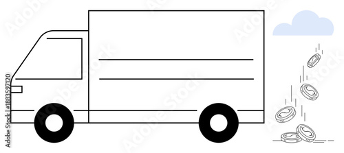 Financial loss, logistics challenges, economy, transportation, shipping industry, and money flow. A truck with coins falling and a cloud overhead. Financial loss and logistics challenges concept