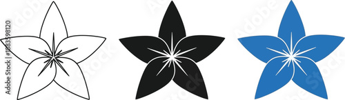 Set of five petal flower icons in outline black and blue representing nature and floral design elements for graphic projects