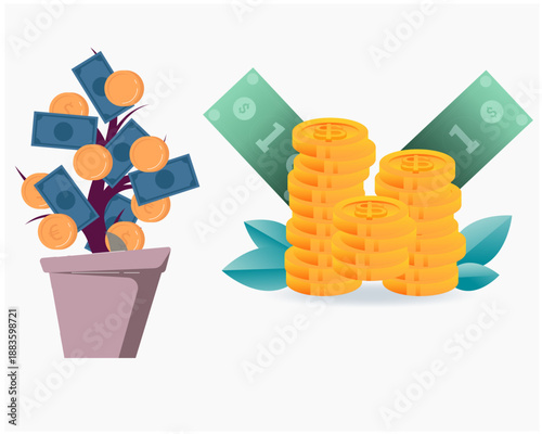 Flat vector illustration of a money tree in a pot and stacks of gold coins with banknotes representing financial growth