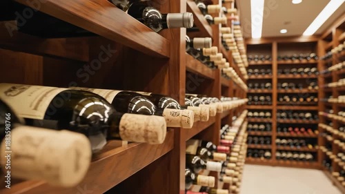 Interior view of large wine cellar with shelves full of bottle, storage and collection concept for alcohol beverage