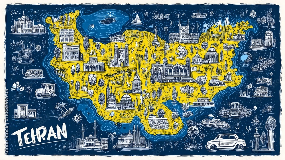 Fototapeta premium Scribble-style vector map of Tehran Province, Iran, hand-drawn sketch illustration. 