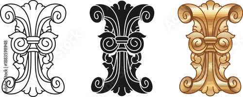 Collection of ornate acanthus leaf scrollwork elements classic baroque design for architectural decoration and luxury branding isolated on white