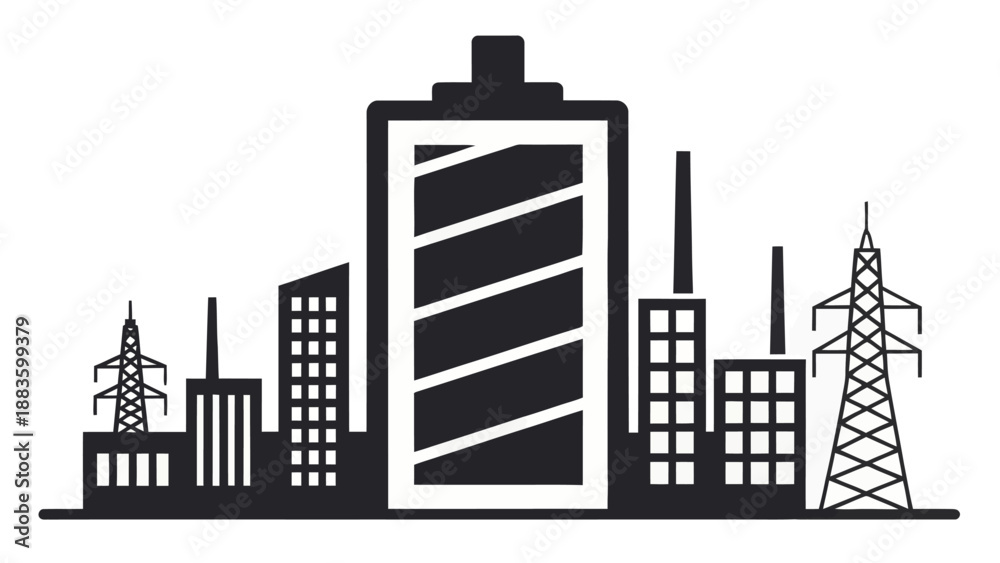 Obraz premium Urban Power Supply Concept Featuring Large Battery Silhouette Among City Buildings and Electrical Transmission Pylons